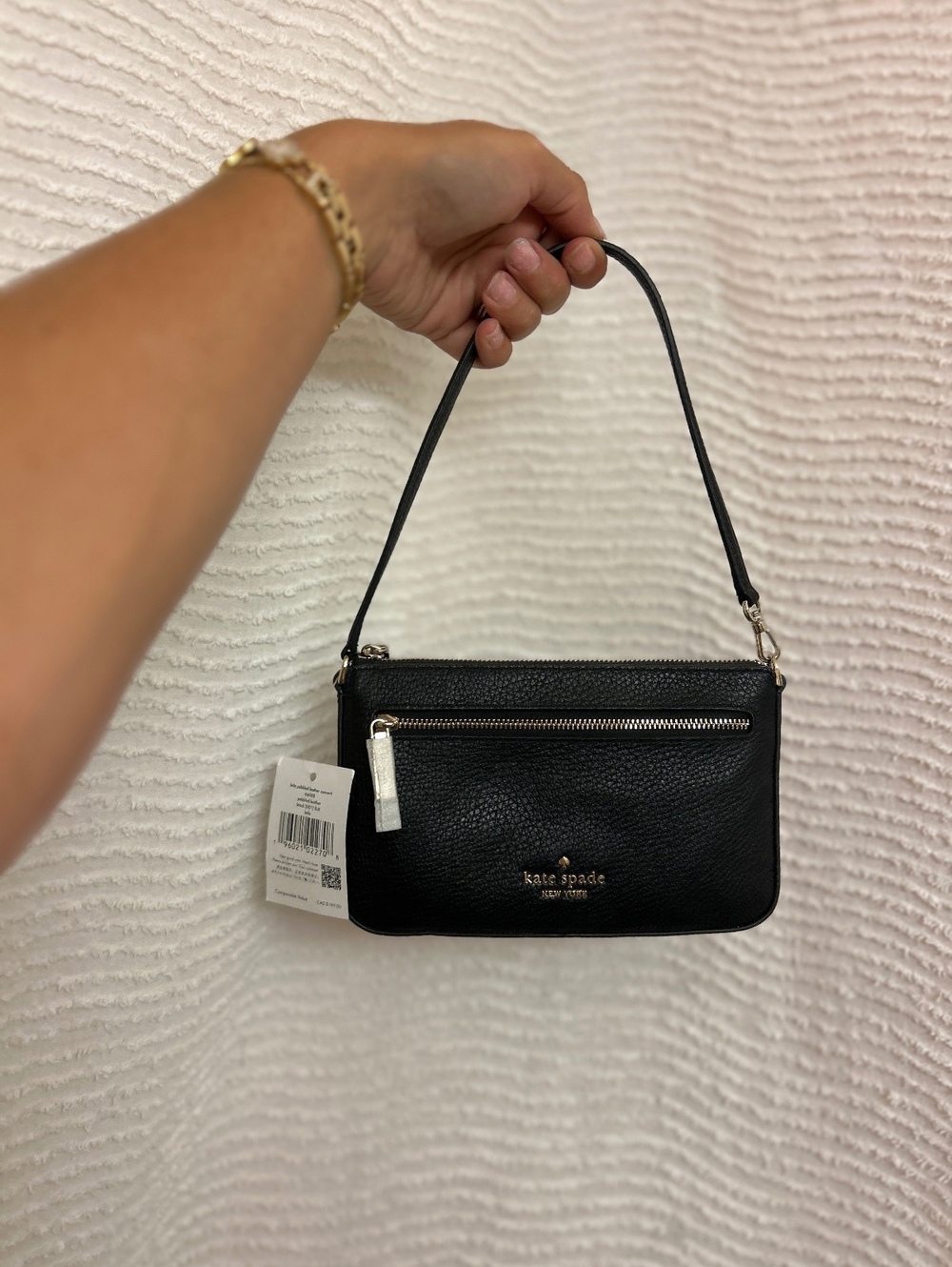 Kate Spade Leila NWT Convertible Wristlet Black Pebbled Leather Gold Logo Purse